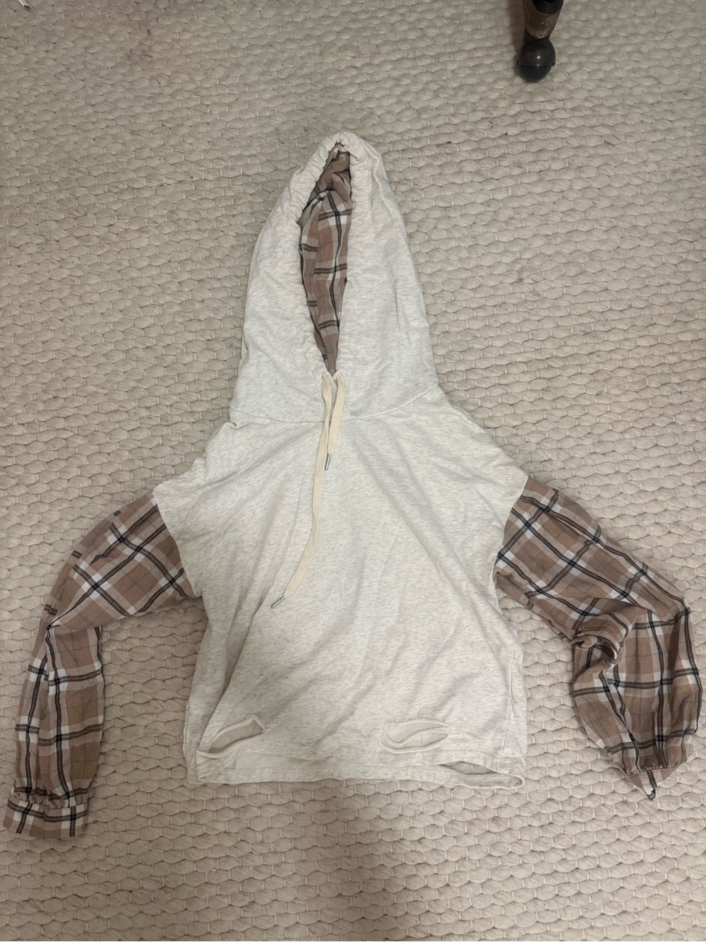 Beige Hoodie with Plaid Brown Sleeve Accents